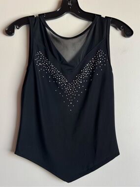 Vintage Team USA Black Rhinestone Mesh V-Neck Tank Top Y2K Sheer Stretch XS